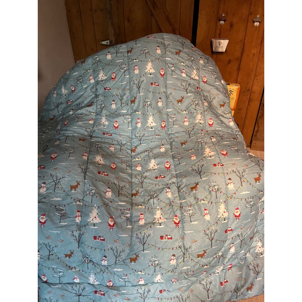 Spirit Linen Home Christmas Holiday Twin Comforter Santa Snowman Reindeer Blue